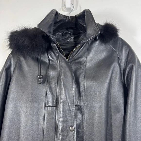 Bod & Christensen Black Leather Coat Size L Quilted Lined Hooded Jacket - Picture 15 of 16
